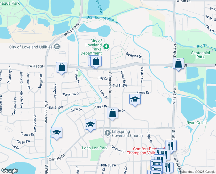 map of restaurants, bars, coffee shops, grocery stores, and more near 2120 3rd Street Southwest in Loveland