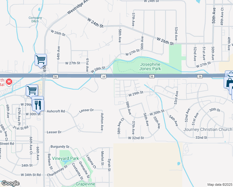 map of restaurants, bars, coffee shops, grocery stores, and more near 5775 West 29th Street in Greeley