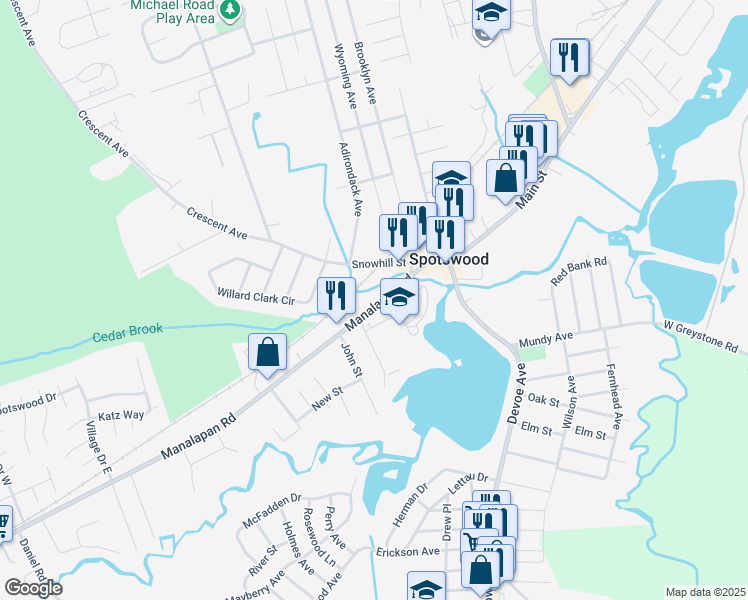 map of restaurants, bars, coffee shops, grocery stores, and more near 58 Manalapan Road in Spotswood