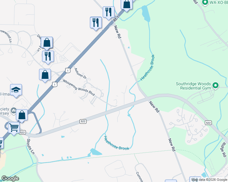 map of restaurants, bars, coffee shops, grocery stores, and more near 7122 Elm Court in South Brunswick Township