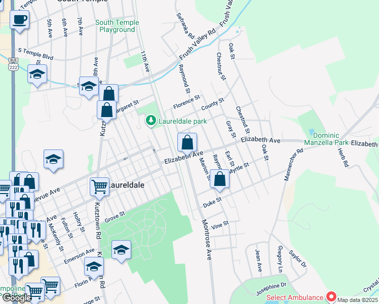 map of restaurants, bars, coffee shops, grocery stores, and more near 1509 Elizabeth Avenue in Laureldale