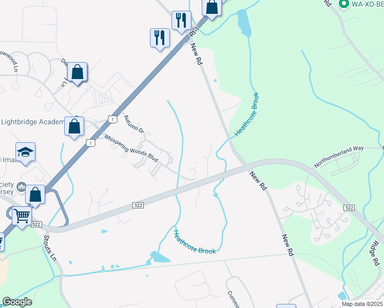 map of restaurants, bars, coffee shops, grocery stores, and more near 7123 Elm Court in South Brunswick Township