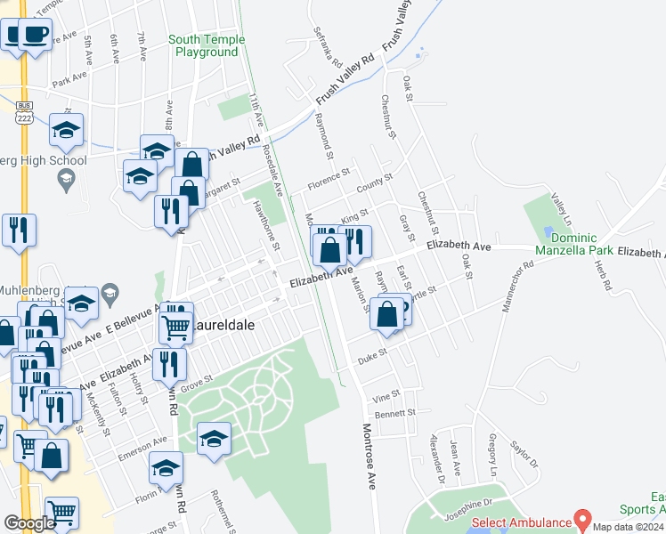 map of restaurants, bars, coffee shops, grocery stores, and more near 1509 Elizabeth Avenue in Laureldale