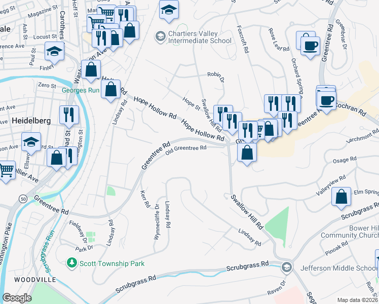 map of restaurants, bars, coffee shops, grocery stores, and more near 2311 Old Greentree Rd in Carnegie