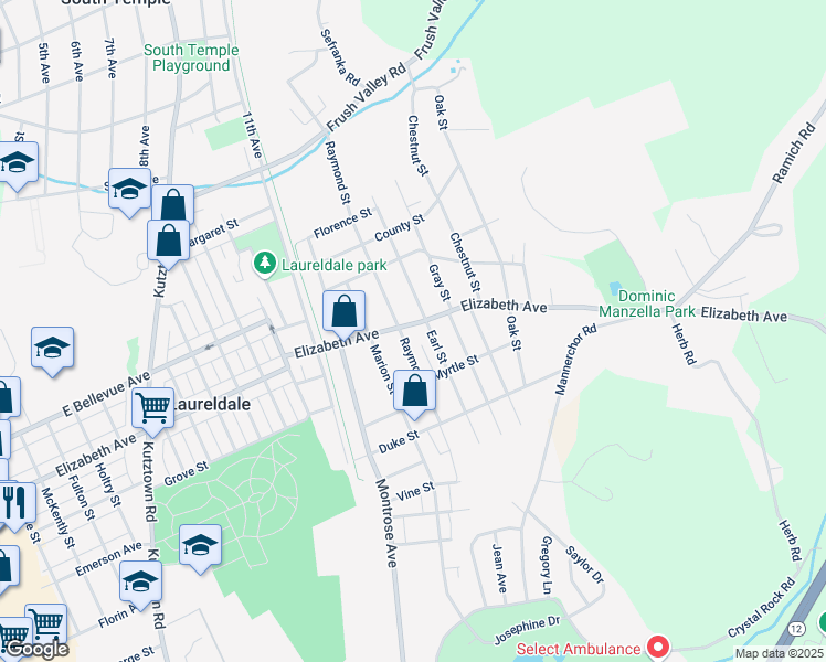 map of restaurants, bars, coffee shops, grocery stores, and more near 1701 Elizabeth Avenue in Laureldale