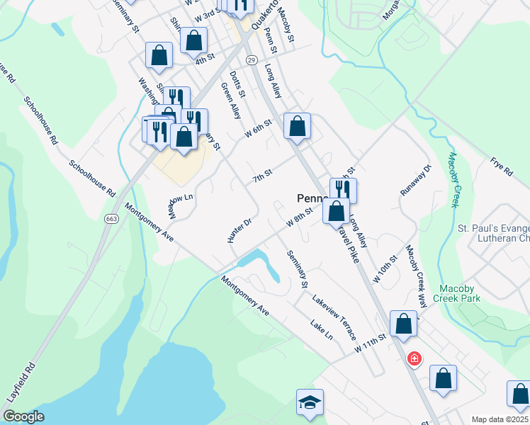 map of restaurants, bars, coffee shops, grocery stores, and more near 758 Hunter Drive in Pennsburg