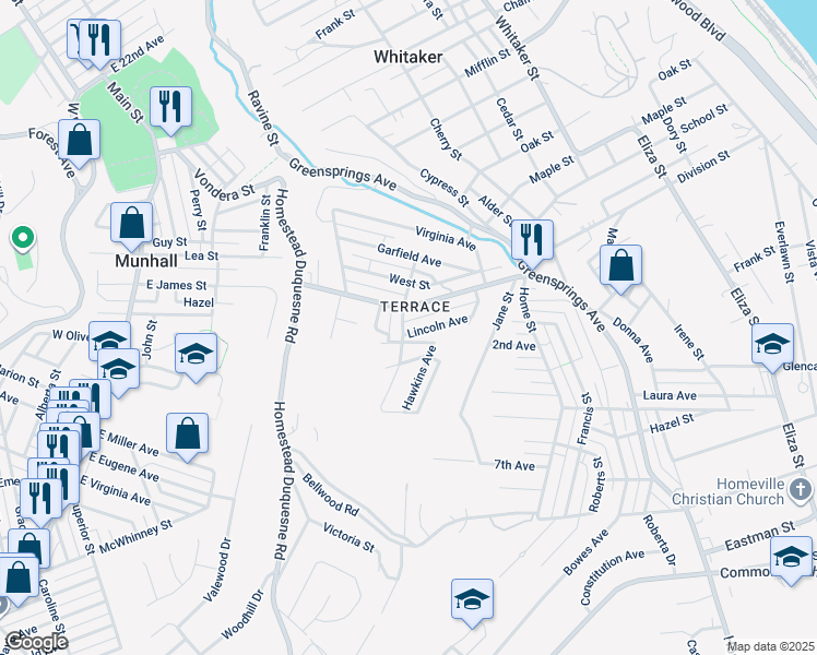 map of restaurants, bars, coffee shops, grocery stores, and more near 3708 Center Avenue in West Mifflin