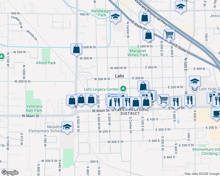 map of restaurants, bars, coffee shops, grocery stores, and more near 194 West 200 North Street in Lehi