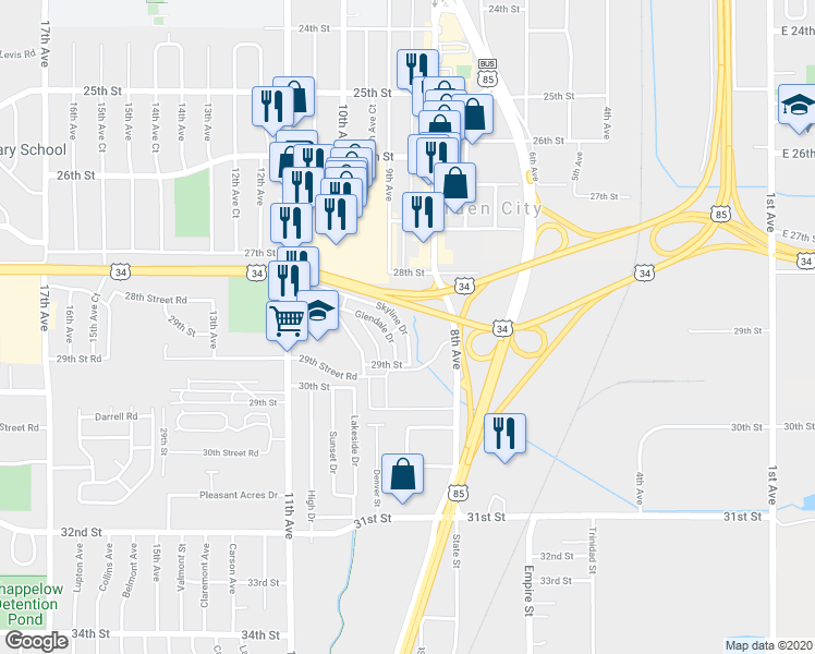 map of restaurants, bars, coffee shops, grocery stores, and more near 2925 Skyline Drive in Evans