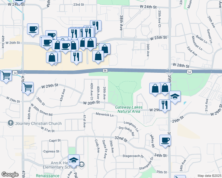 map of restaurants, bars, coffee shops, grocery stores, and more near 2816 39th Avenue in Greeley