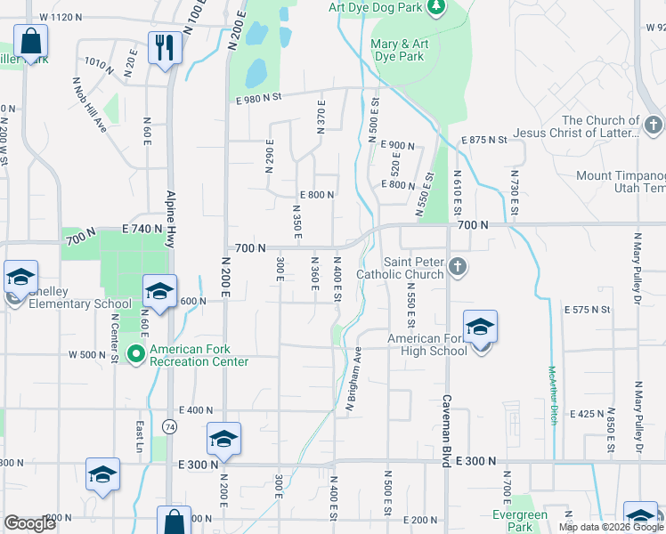 map of restaurants, bars, coffee shops, grocery stores, and more near 690 North 400 East Street in American Fork
