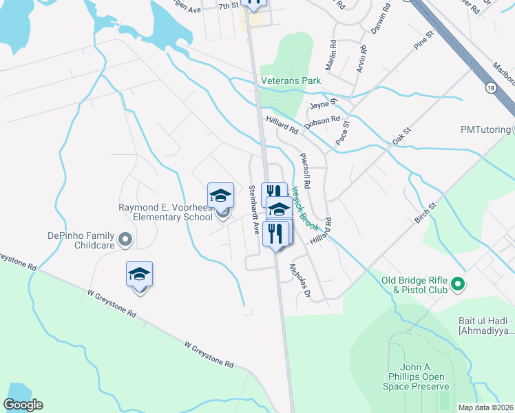 map of restaurants, bars, coffee shops, grocery stores, and more near 22 Steinhardt Avenue in Old Bridge