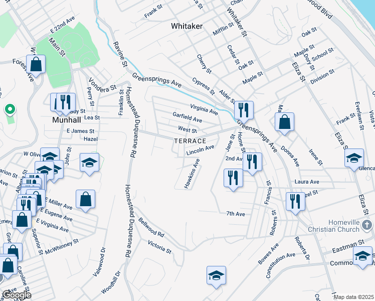 map of restaurants, bars, coffee shops, grocery stores, and more near 3708 Center Avenue in West Mifflin