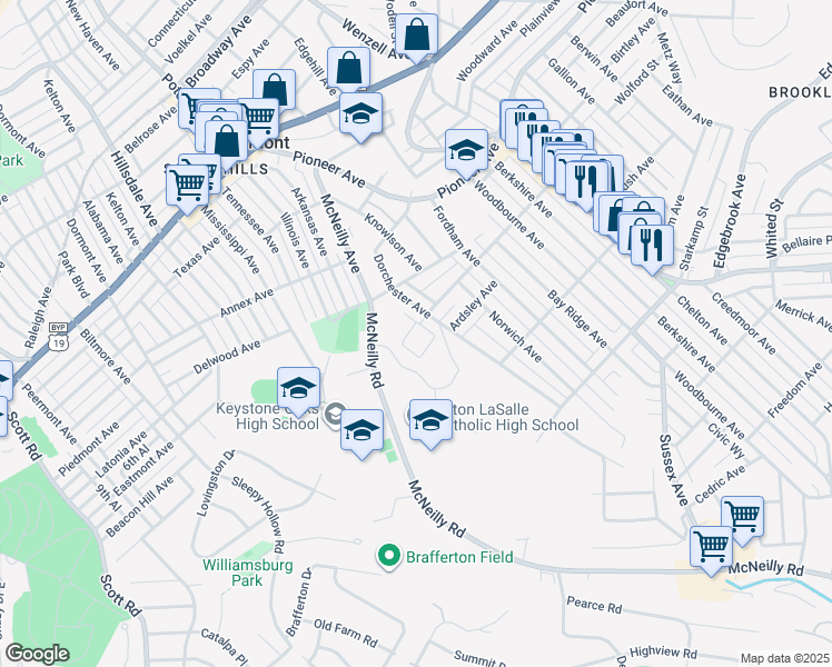 map of restaurants, bars, coffee shops, grocery stores, and more near 2869 Castlegate Avenue in Pittsburgh