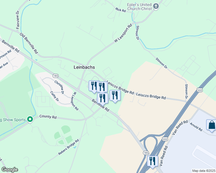 map of restaurants, bars, coffee shops, grocery stores, and more near 1039 Old Bernville Road in Leesport