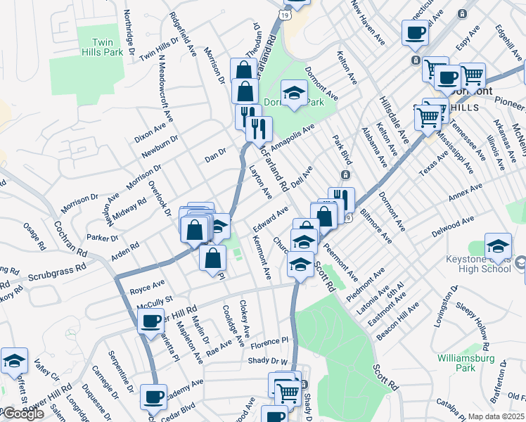 map of restaurants, bars, coffee shops, grocery stores, and more near 234 Dell Avenue in Pittsburgh
