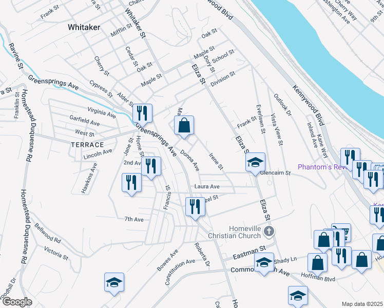 map of restaurants, bars, coffee shops, grocery stores, and more near 3 Douglas Street in West Mifflin