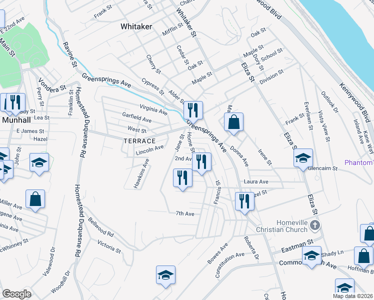 map of restaurants, bars, coffee shops, grocery stores, and more near 105 West 1st Avenue in West Mifflin