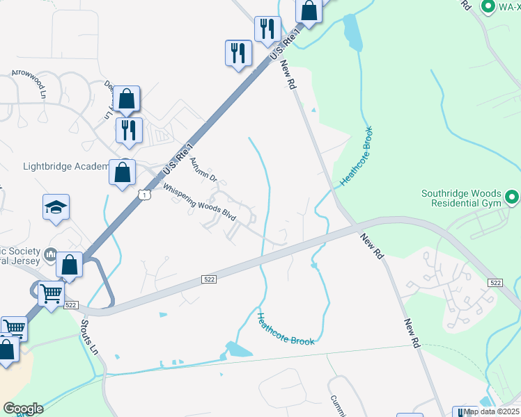 map of restaurants, bars, coffee shops, grocery stores, and more near 1101 Hickory Court in South Brunswick Township