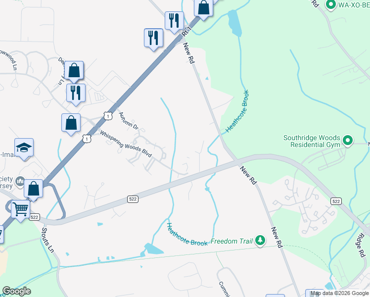 map of restaurants, bars, coffee shops, grocery stores, and more near 7122 Elm Court in South Brunswick Township