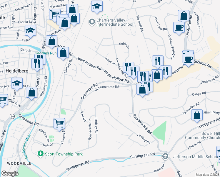 map of restaurants, bars, coffee shops, grocery stores, and more near 2311 Old Greentree Road in Carnegie