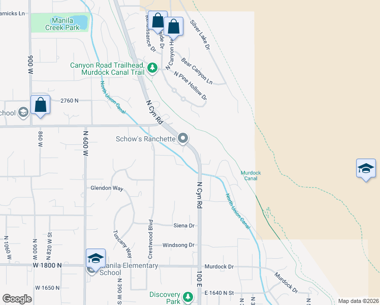 map of restaurants, bars, coffee shops, grocery stores, and more near 2445 North Canyon Road in Pleasant Grove