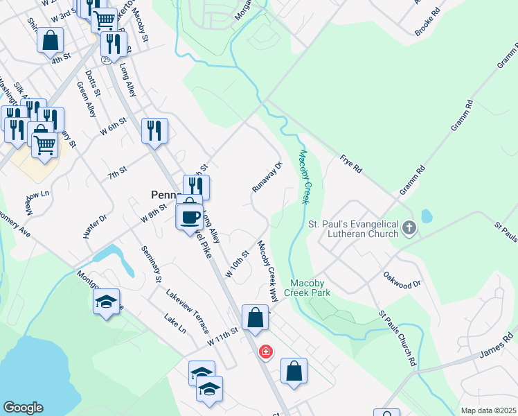 map of restaurants, bars, coffee shops, grocery stores, and more near 1008 Runaway Drive in Pennsburg