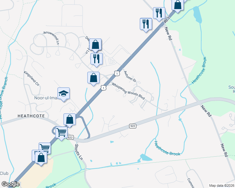 map of restaurants, bars, coffee shops, grocery stores, and more near 115 Appletree Court in South Brunswick Township