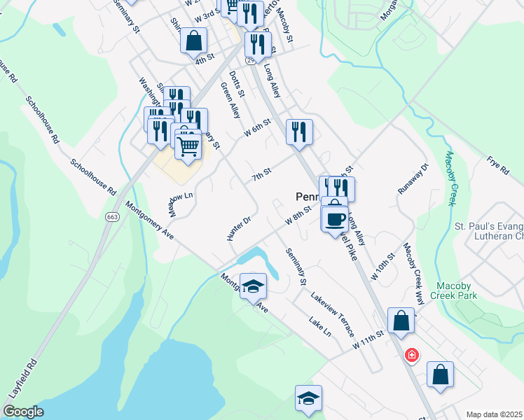 map of restaurants, bars, coffee shops, grocery stores, and more near 758 Hunter Drive in Pennsburg