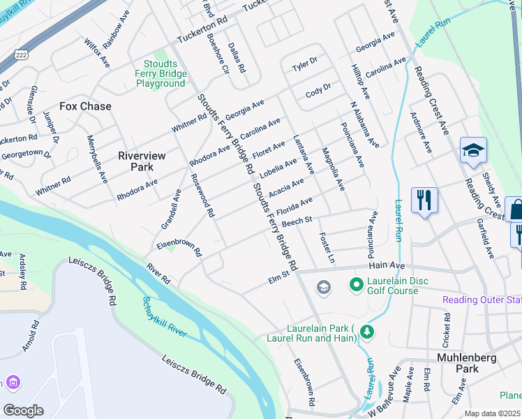 map of restaurants, bars, coffee shops, grocery stores, and more near 3539 Stoudts Ferry Bridge Road in Reading
