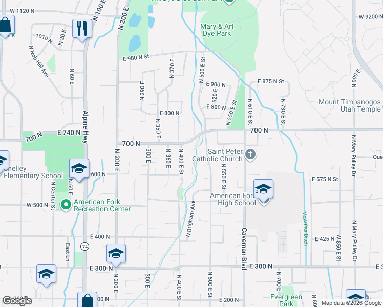 map of restaurants, bars, coffee shops, grocery stores, and more near 665 Riverwalk Drive in American Fork
