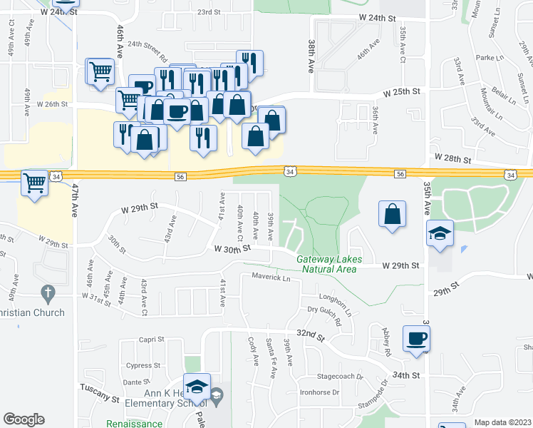 map of restaurants, bars, coffee shops, grocery stores, and more near 2825 39th Avenue in Greeley