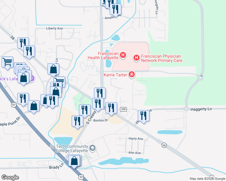 map of restaurants, bars, coffee shops, grocery stores, and more near 1750 Windemere Drive in Lafayette