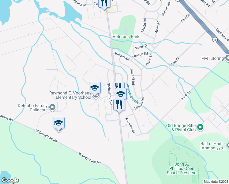 map of restaurants, bars, coffee shops, grocery stores, and more near 22 Steinhardt Avenue in Old Bridge