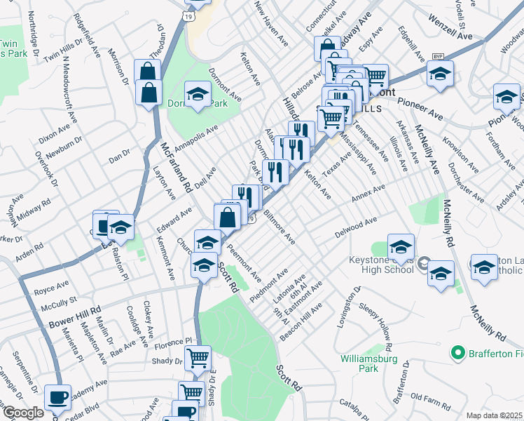map of restaurants, bars, coffee shops, grocery stores, and more near 3201 West Liberty Avenue in Pittsburgh