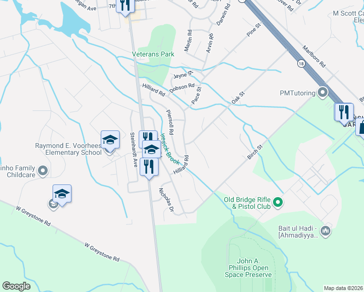 map of restaurants, bars, coffee shops, grocery stores, and more near 66 Hilliard Road in Old Bridge