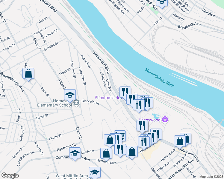 map of restaurants, bars, coffee shops, grocery stores, and more near 4307 Pennsylvania 837 in West Mifflin