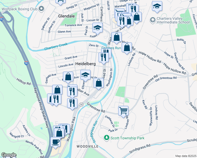 map of restaurants, bars, coffee shops, grocery stores, and more near 1805 Walnut Street in Heidelberg