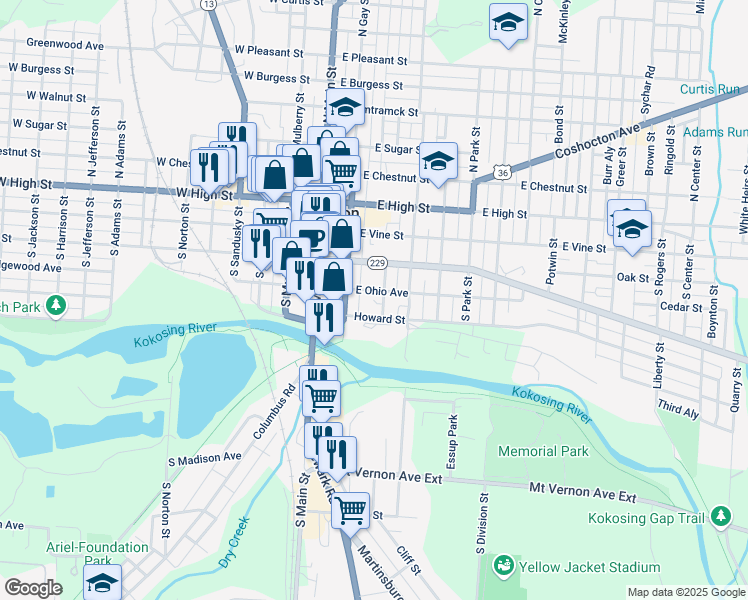 map of restaurants, bars, coffee shops, grocery stores, and more near 106 East Ohio Avenue in Mount Vernon