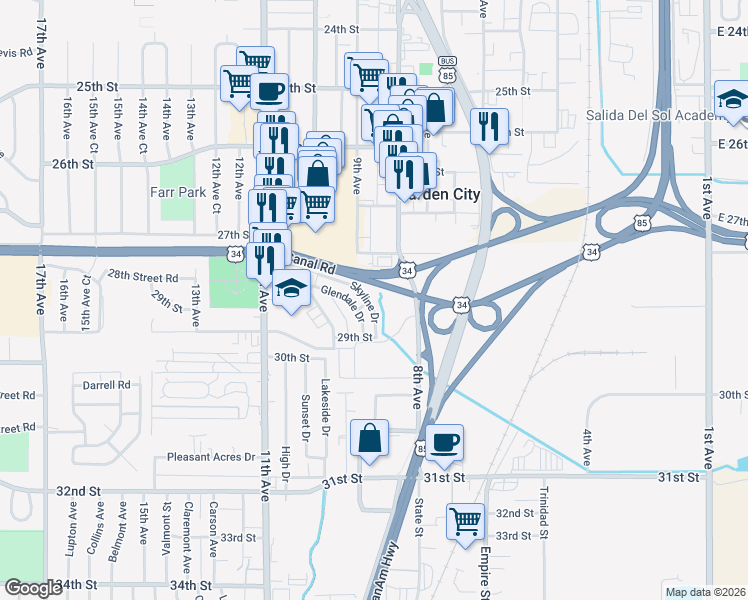 map of restaurants, bars, coffee shops, grocery stores, and more near 2921 Skyline Drive in Evans