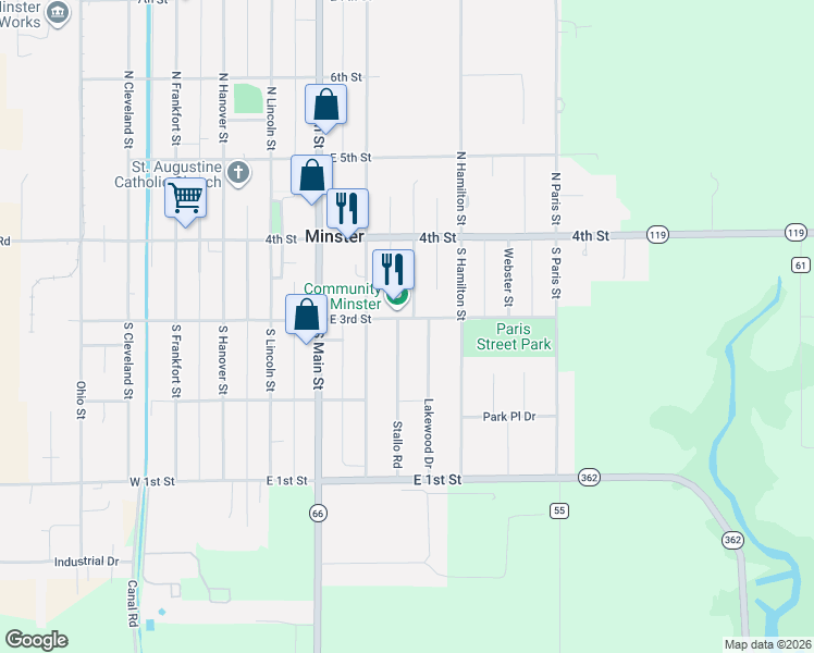 map of restaurants, bars, coffee shops, grocery stores, and more near 112 Stallo Rd in Minster