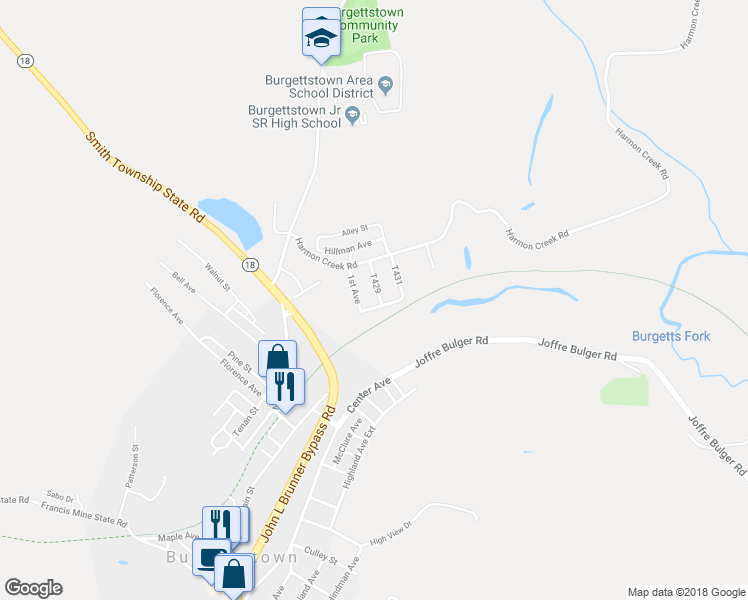 map of restaurants, bars, coffee shops, grocery stores, and more near 7 Harmon Avenue in Burgettstown