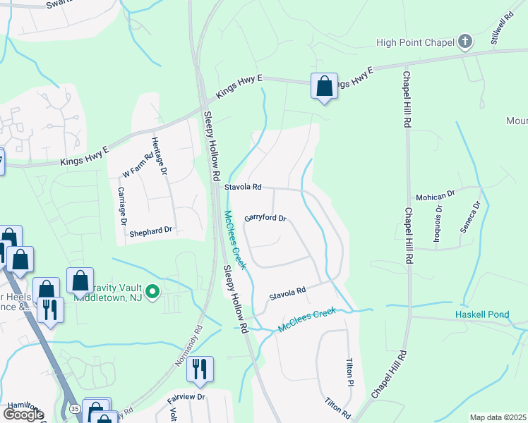 map of restaurants, bars, coffee shops, grocery stores, and more near 13 Garryford Drive in Middletown Township