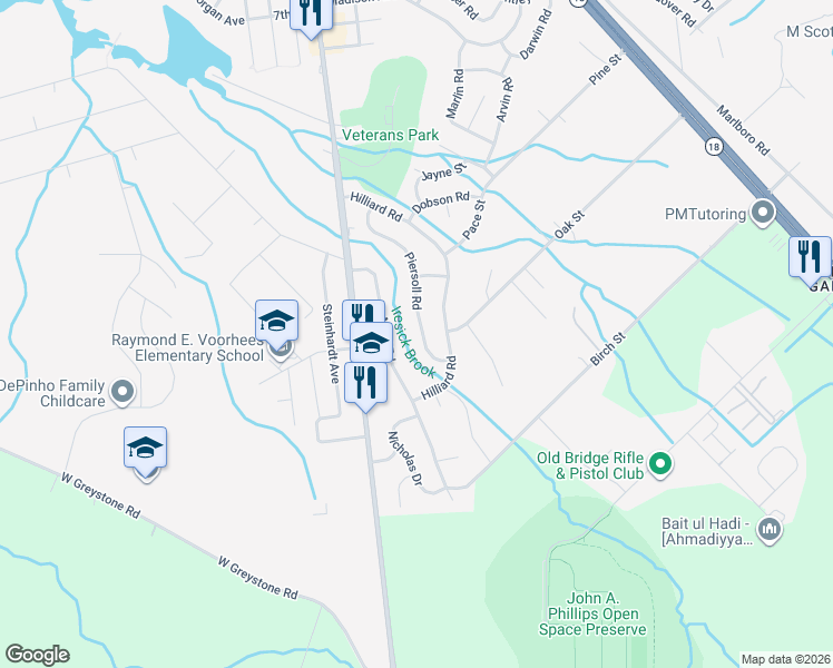 map of restaurants, bars, coffee shops, grocery stores, and more near 49 Piersoll Road in Old Bridge