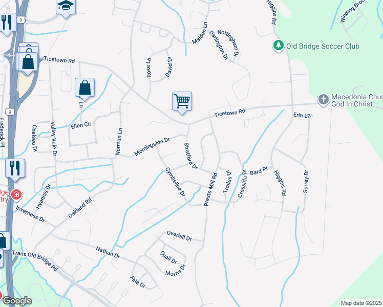 map of restaurants, bars, coffee shops, grocery stores, and more near 14 Stratford Drive in Old Bridge Township