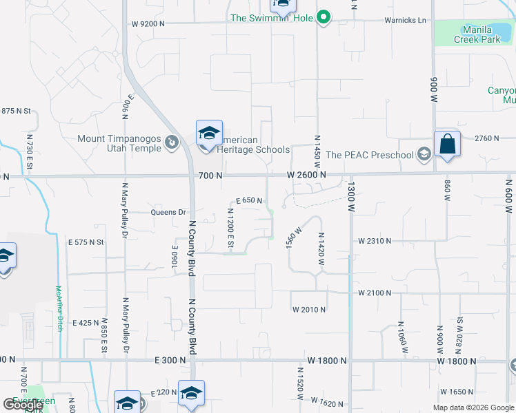 map of restaurants, bars, coffee shops, grocery stores, and more near 1264 East 650 North in American Fork