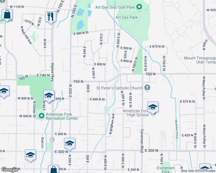 map of restaurants, bars, coffee shops, grocery stores, and more near 690 North 400 East Street in American Fork