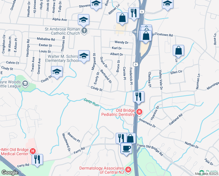 map of restaurants, bars, coffee shops, grocery stores, and more near 39 Bertrand Street in Old Bridge