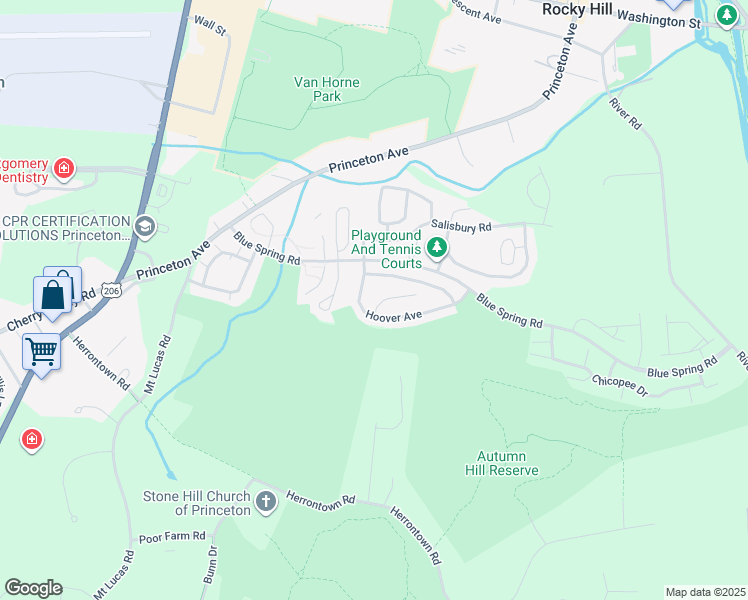 map of restaurants, bars, coffee shops, grocery stores, and more near 9 Kennedy Court in Princeton