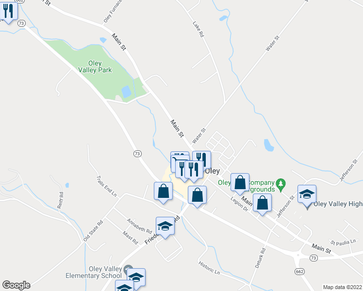 map of restaurants, bars, coffee shops, grocery stores, and more near 214 Main Street in Oley